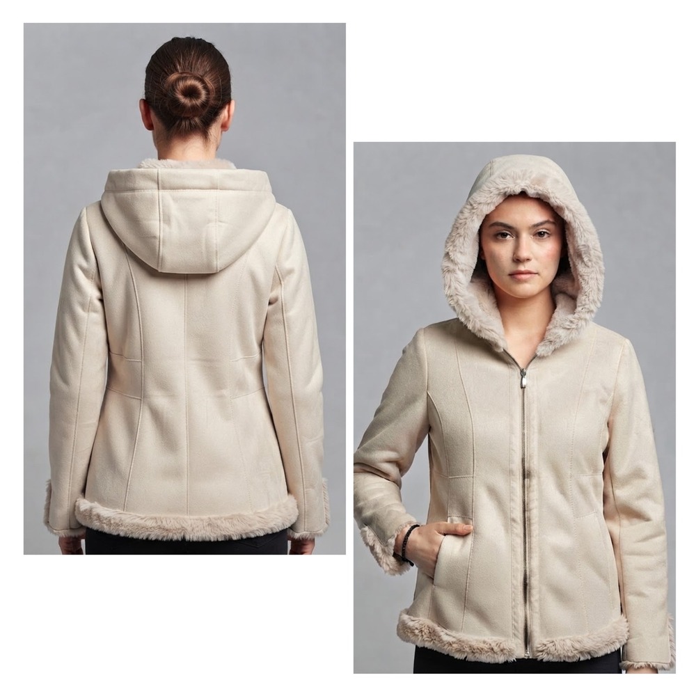 Jones New York Womens Faux Suede Hooded Jacket Beige Cream Faux Fur Lined Medium